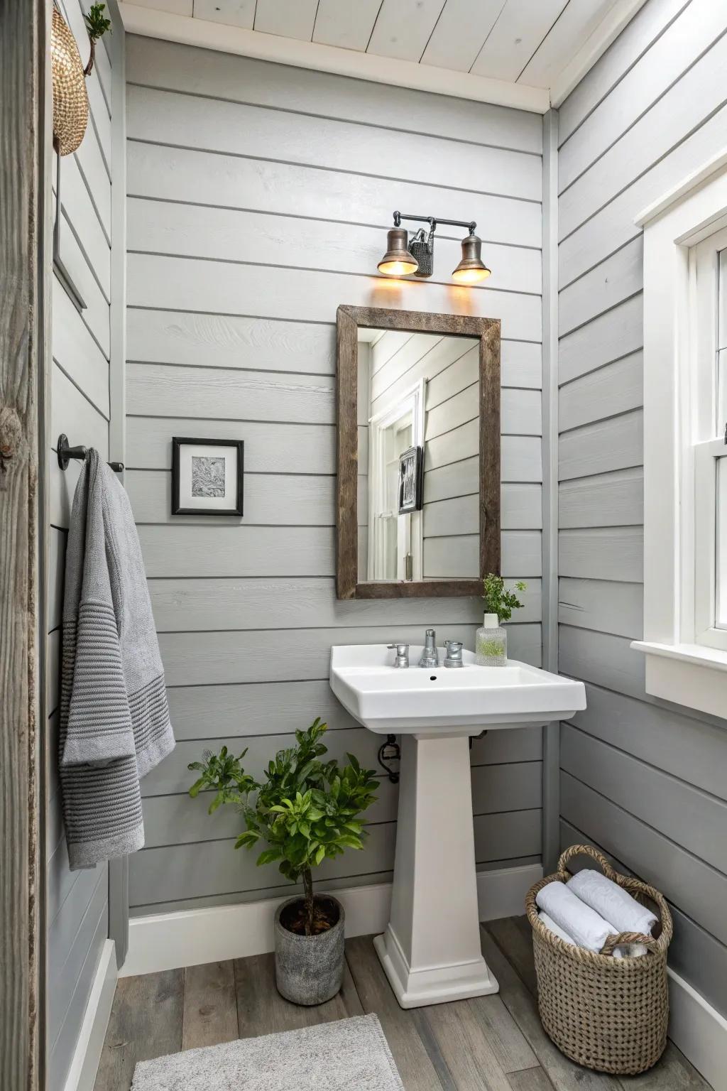 A bathroom featuring ash plank-clad walls for a neutral appearance.