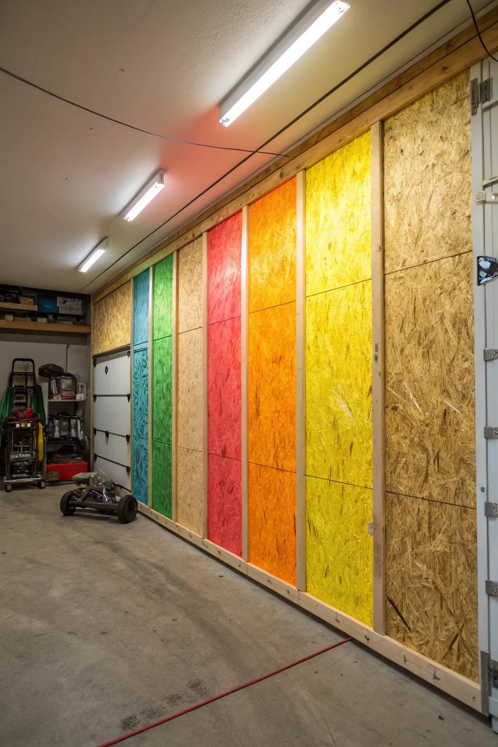 A garage wall lined with engineered wood boards painted white.