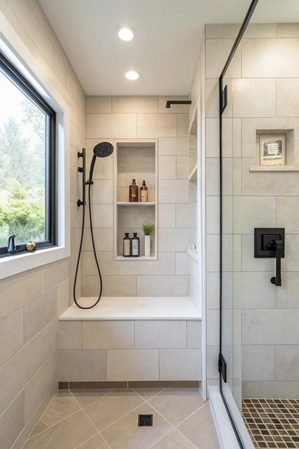 Neutral shades evoke modern elegance in a shower niche