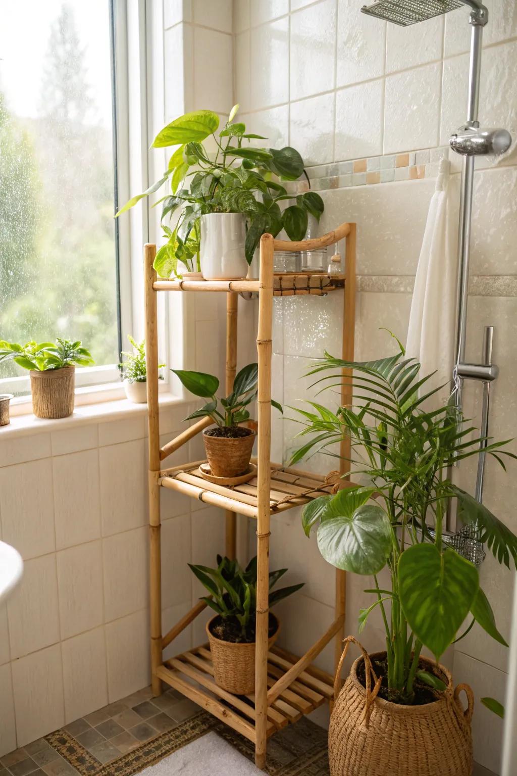 Bamboo shelves introduce a natural, sustainable element to your shower.