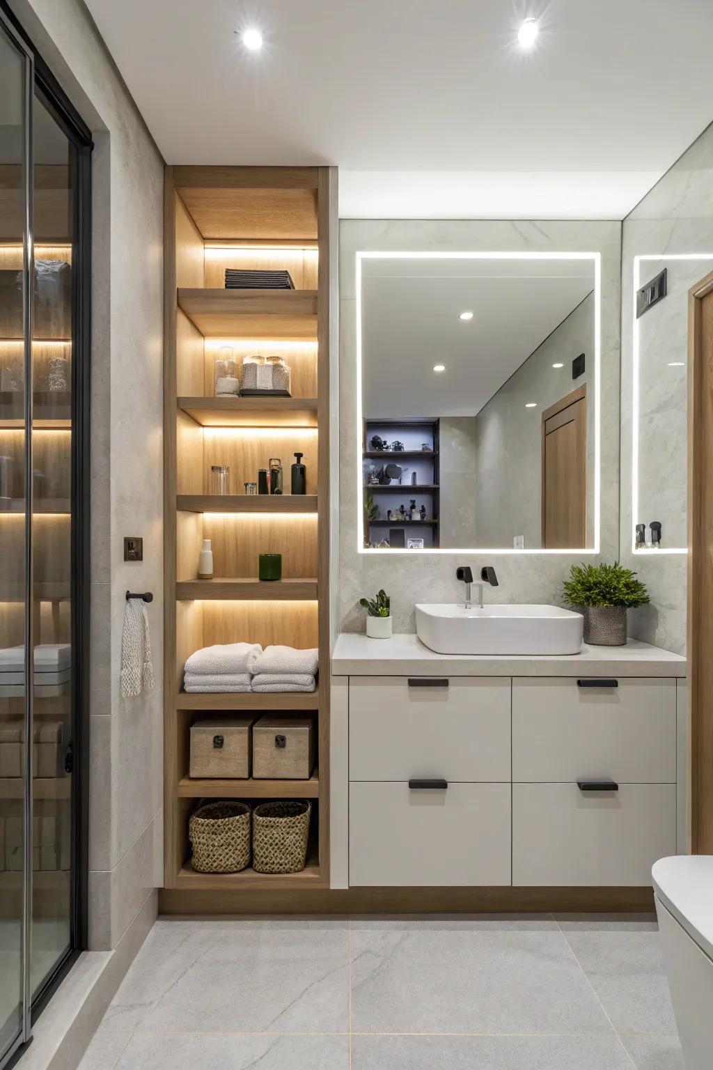 Innovative storage keeps this bathroom neat and organized.