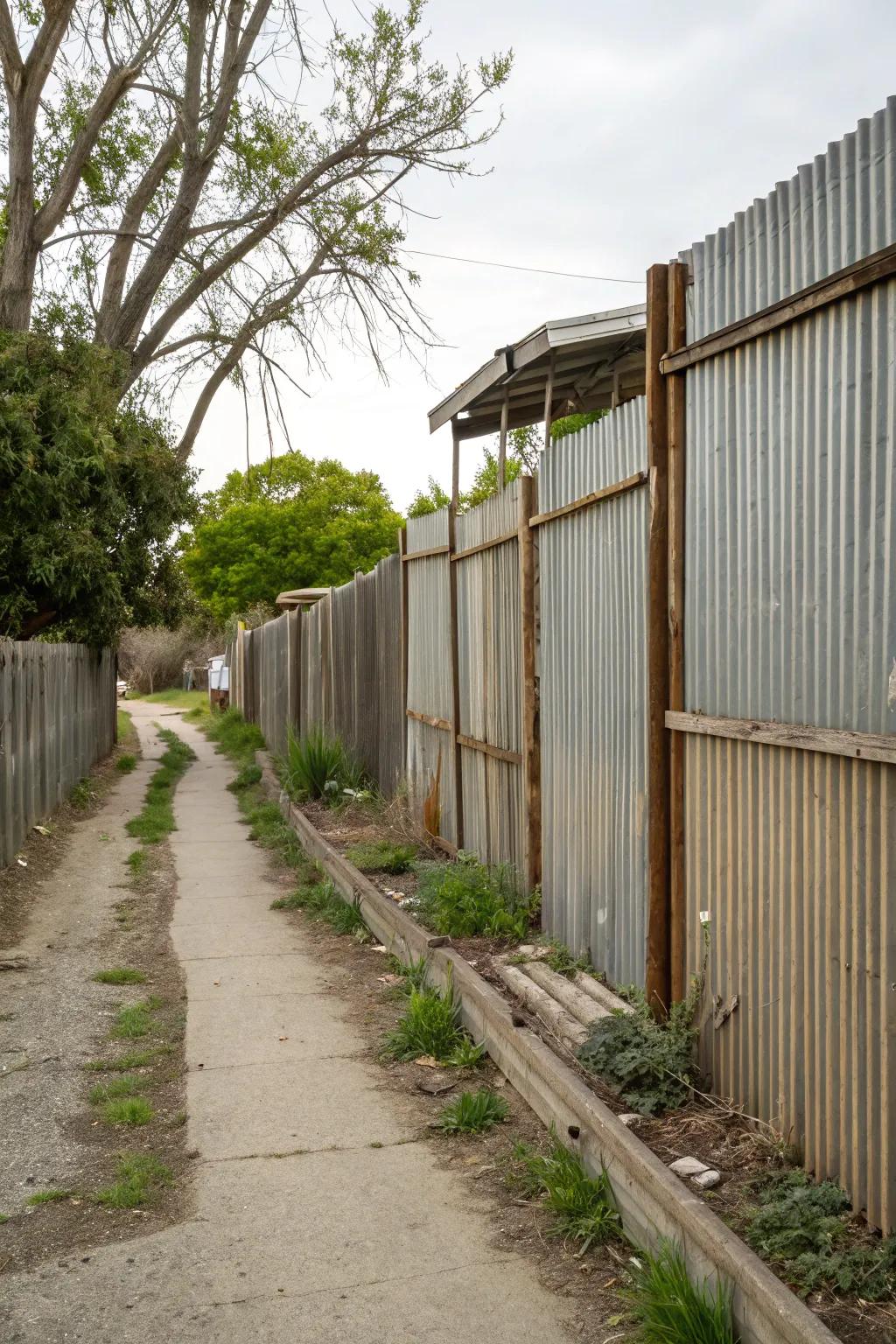 Industrial side yard with a corrugated metal fence.
