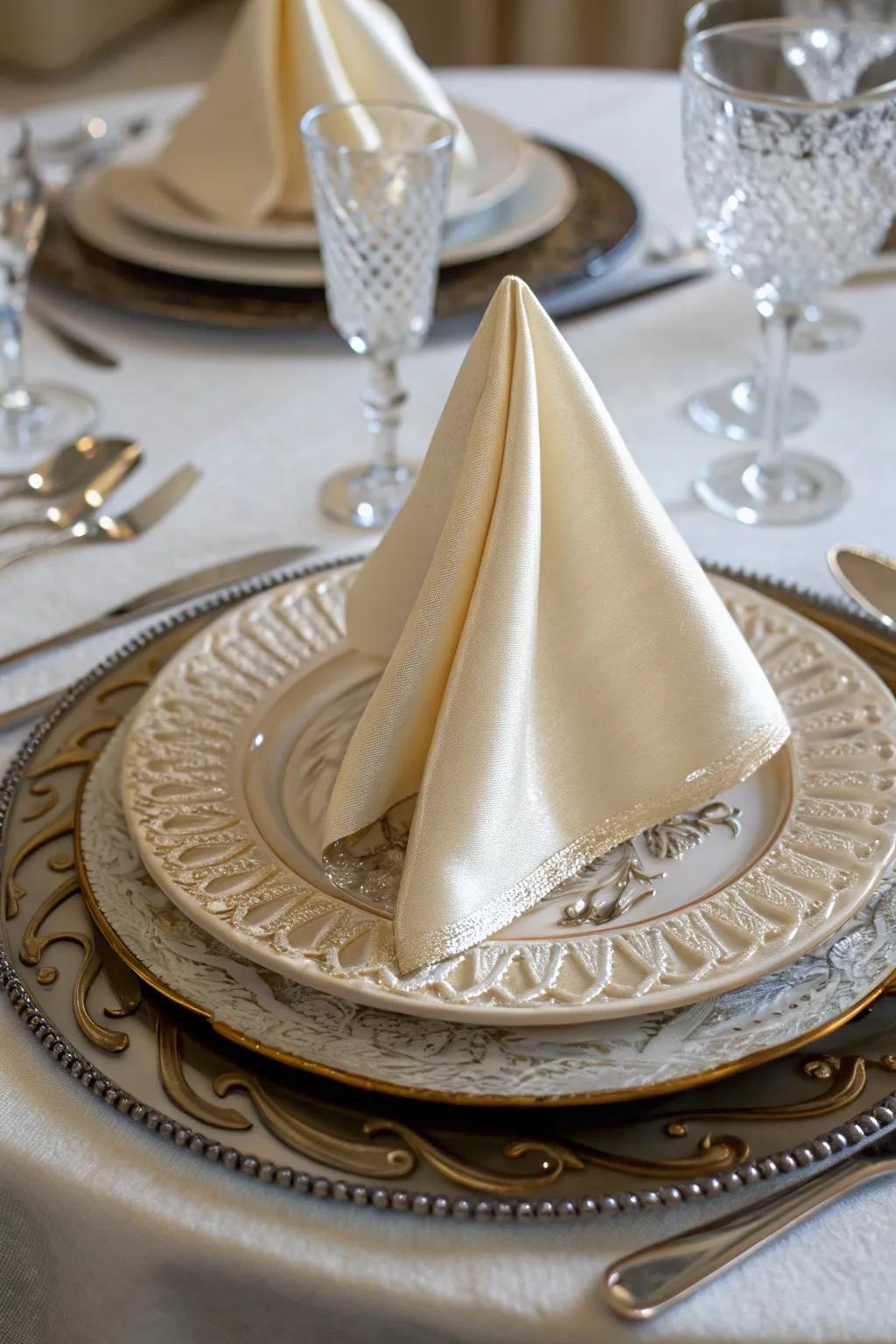 A cloth styled into a stately triangle, ideal as a centerpiece for any sophisticated table.