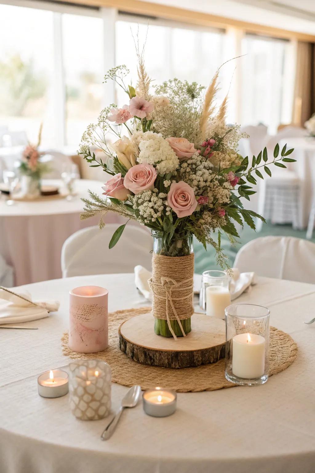 Neutral and pastel shades give this centerpiece a sophisticated aura.