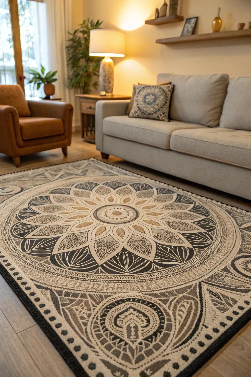 A floor covering with fractal patterns adds sophistication and unity to the living space.