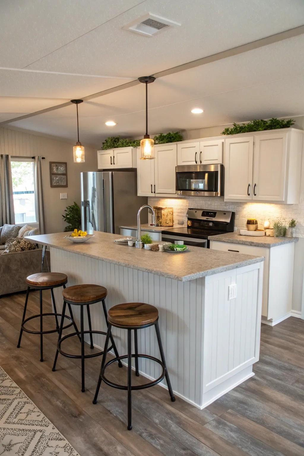 Kitchen islands enhance style and utility.
