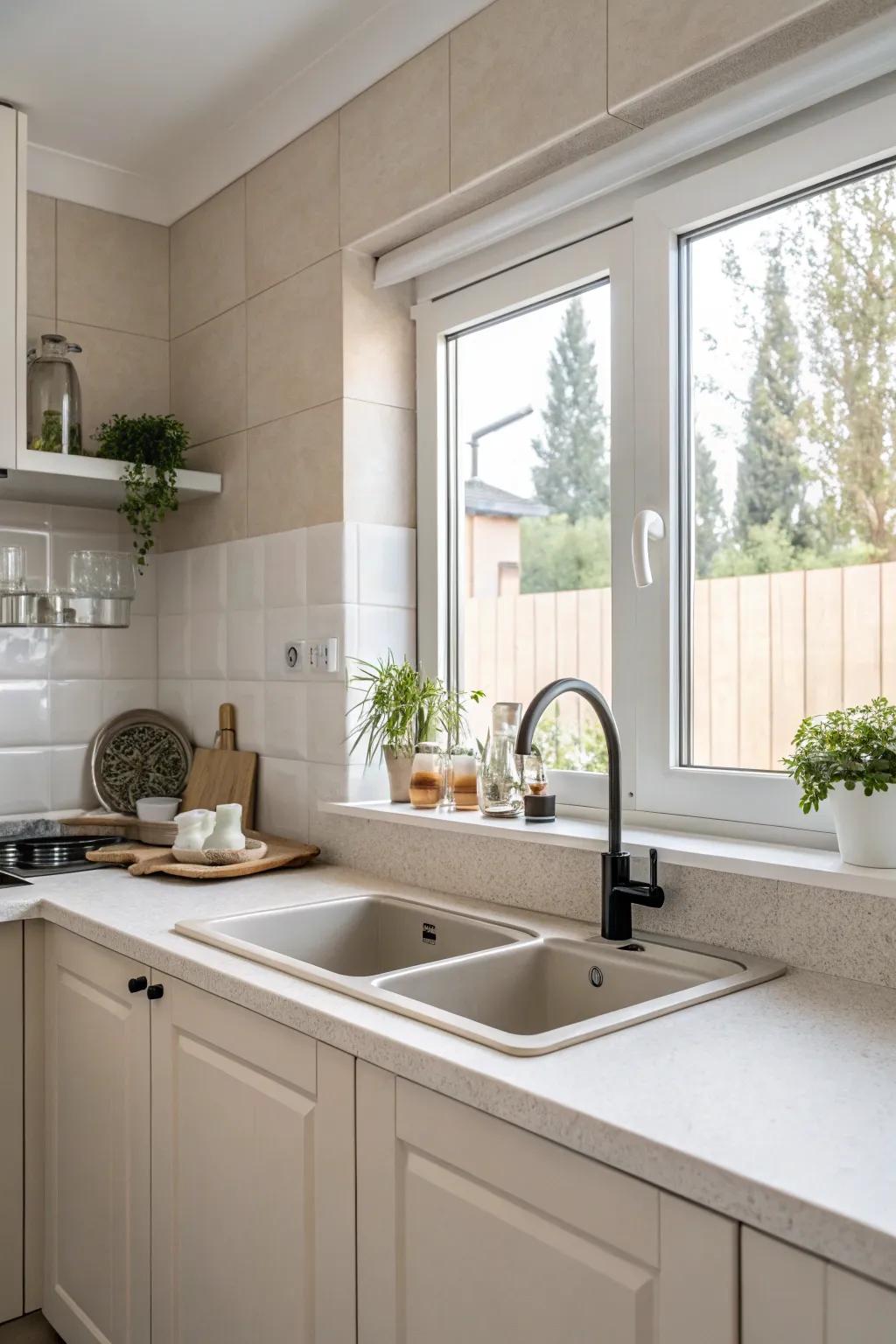 Unadorned aesthetic introduces simplicity and tranquility to the culinary space.