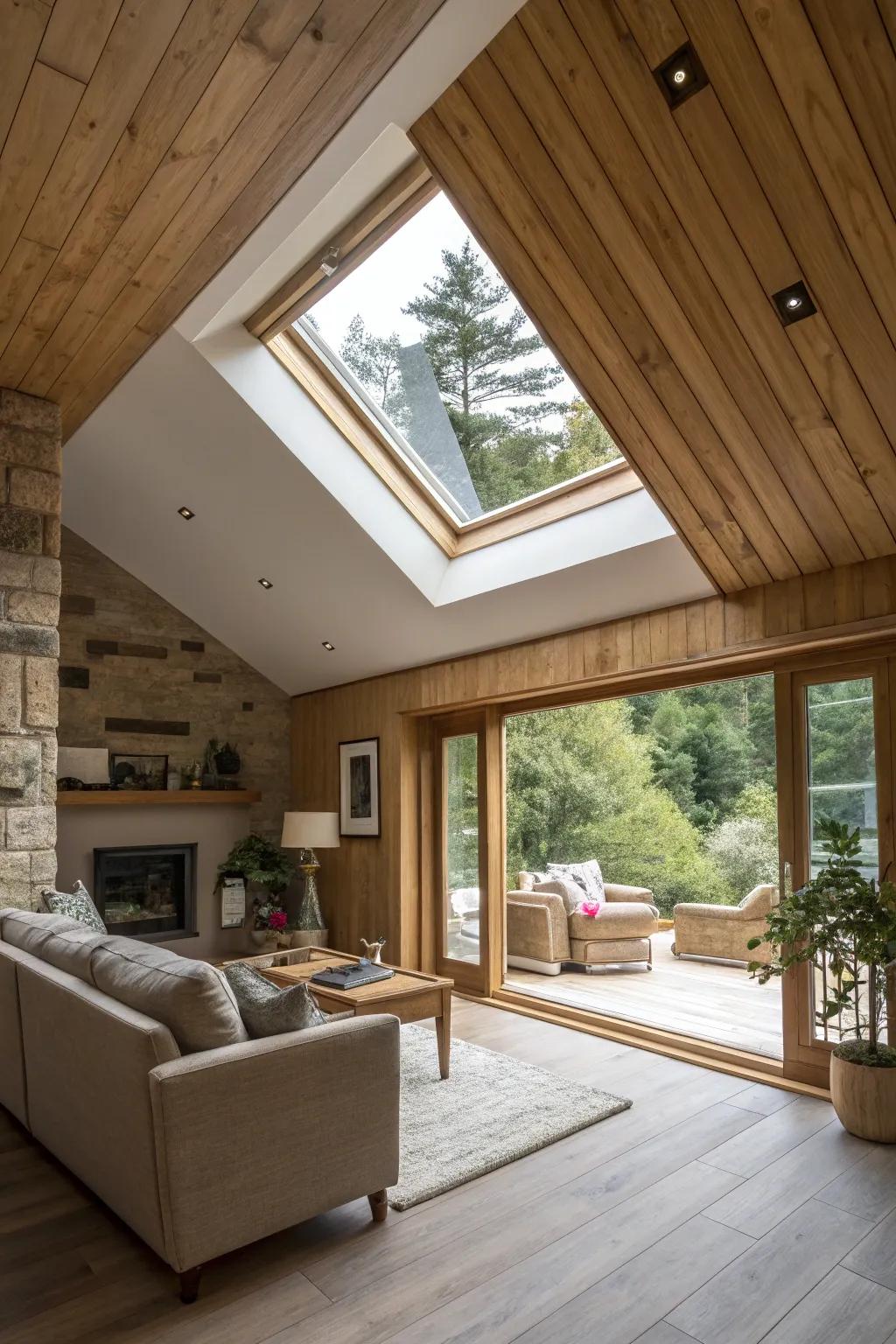 A welcoming living room featuring a skylight enhanced with subtle wood panels.