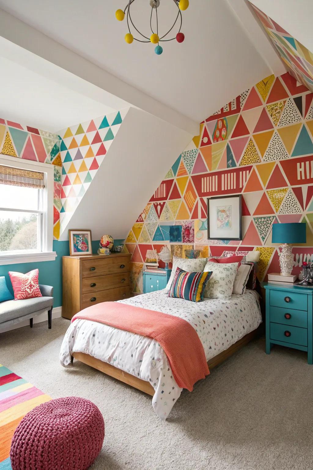 In this vibrant bedroom, striking ceiling designs add a whimsical and playful touch.