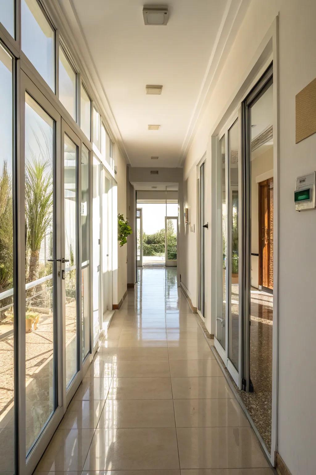Glass sliding doors bring natural light into this airy hallway.