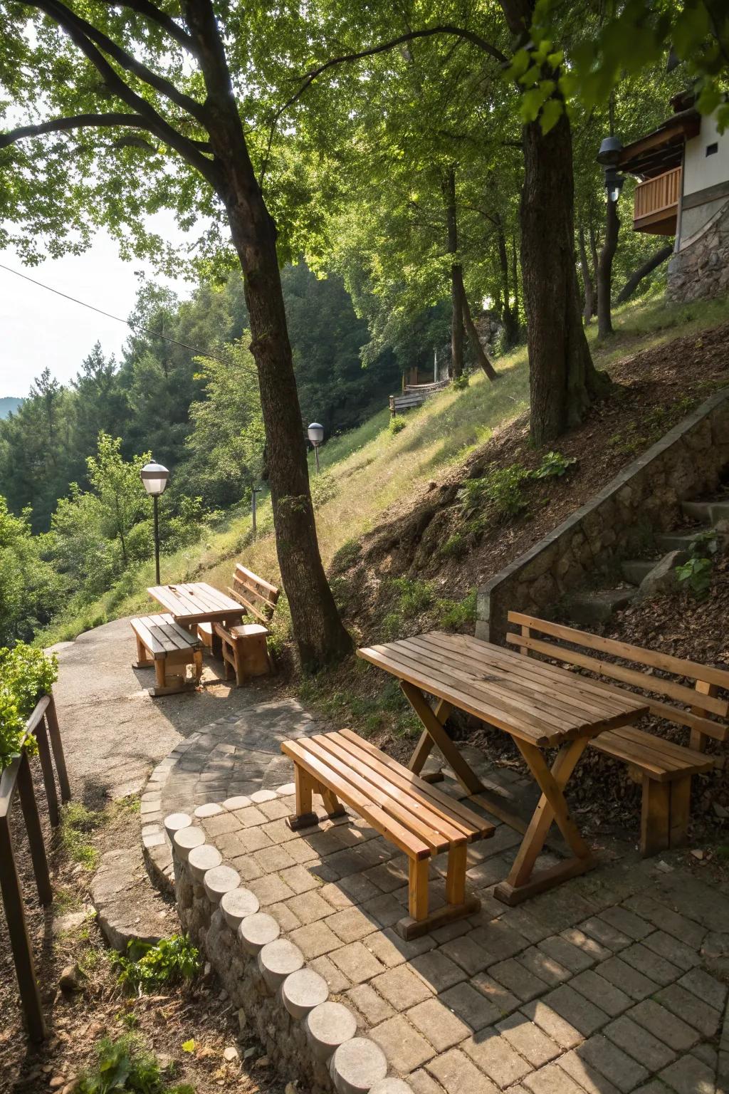 A seating enclave beckons relaxation on any gradient.