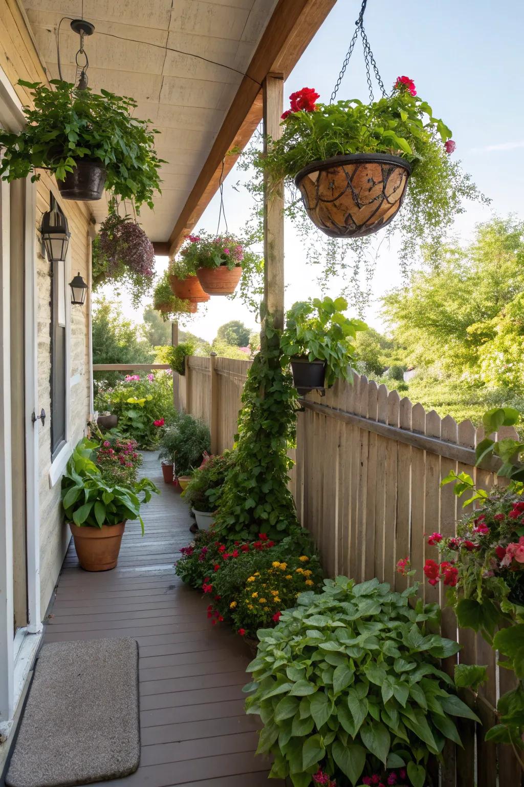 Rich greenery gives a refreshing touch to a compact back porch.