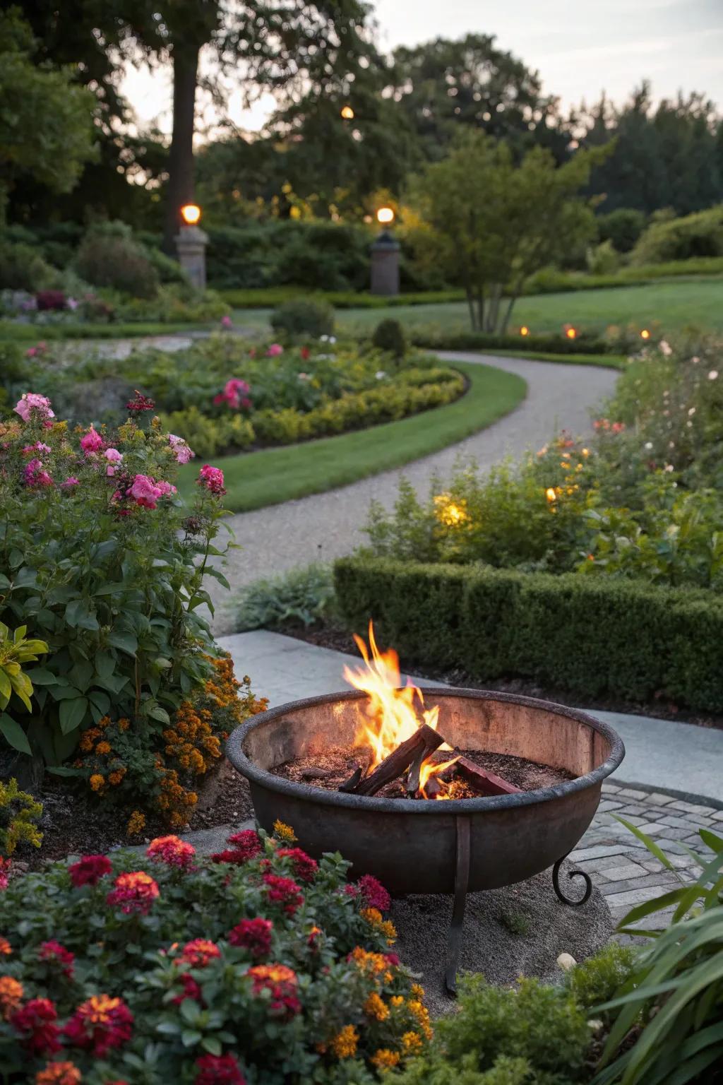 Surrounding the hearth with plants and flowers creates a tranquil, natural vibe.