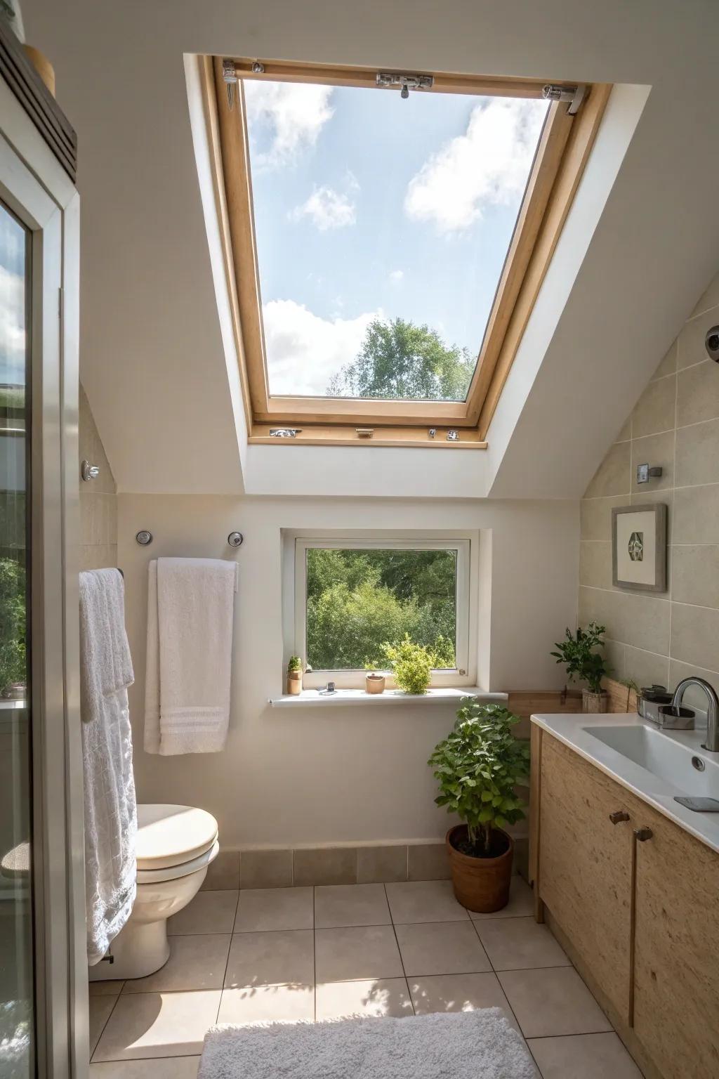 A skylight creates a bright, spacious ambiance.