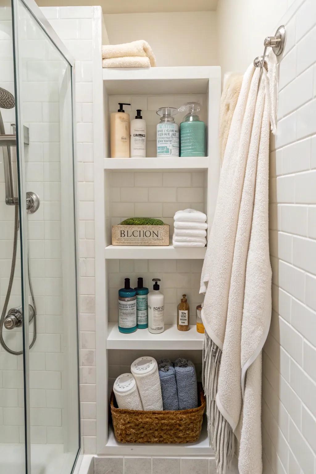 Recessed shelving keeps your shower items structured and accessible.