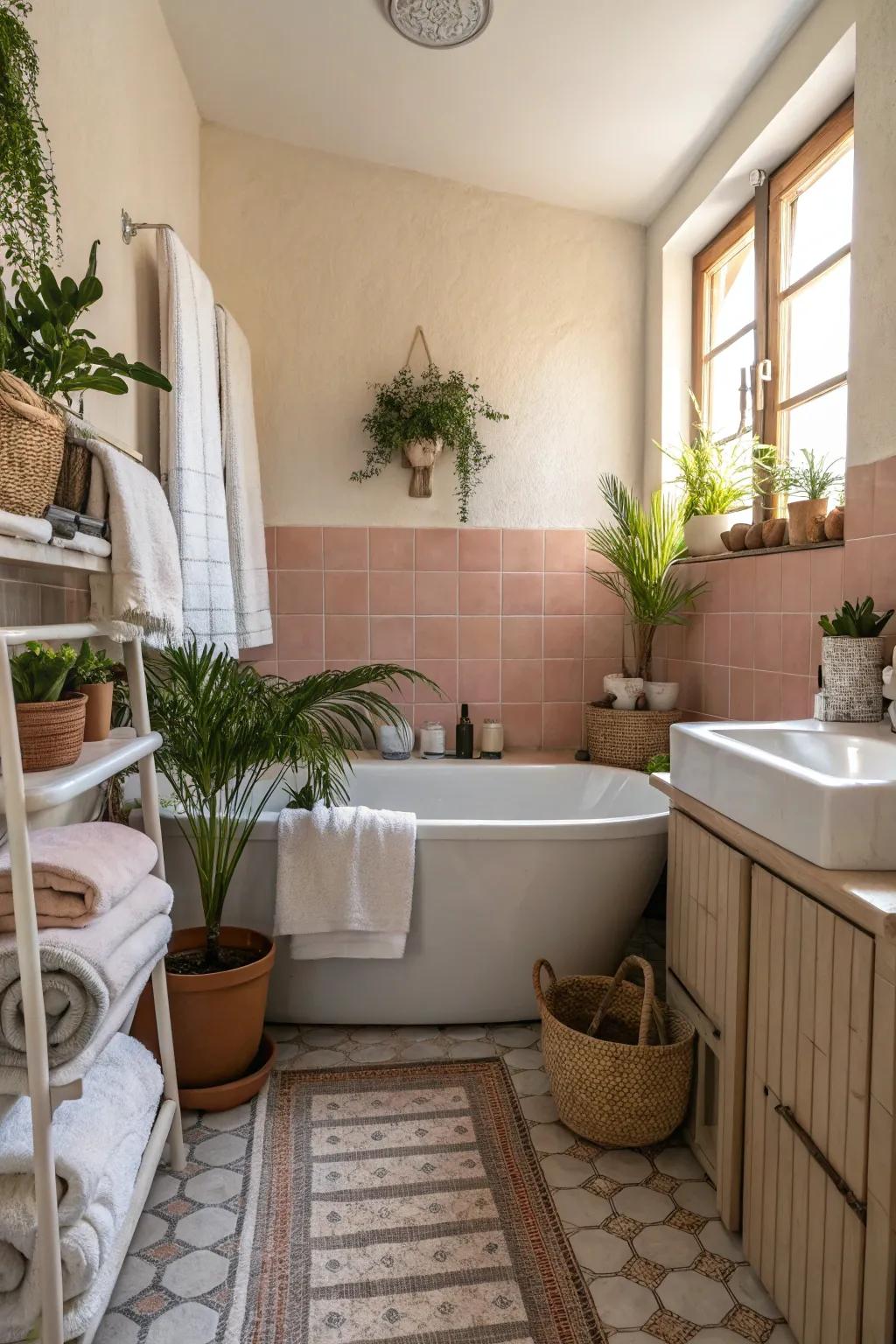 The atmosphere of a small bathroom is enhanced by bright lighting.