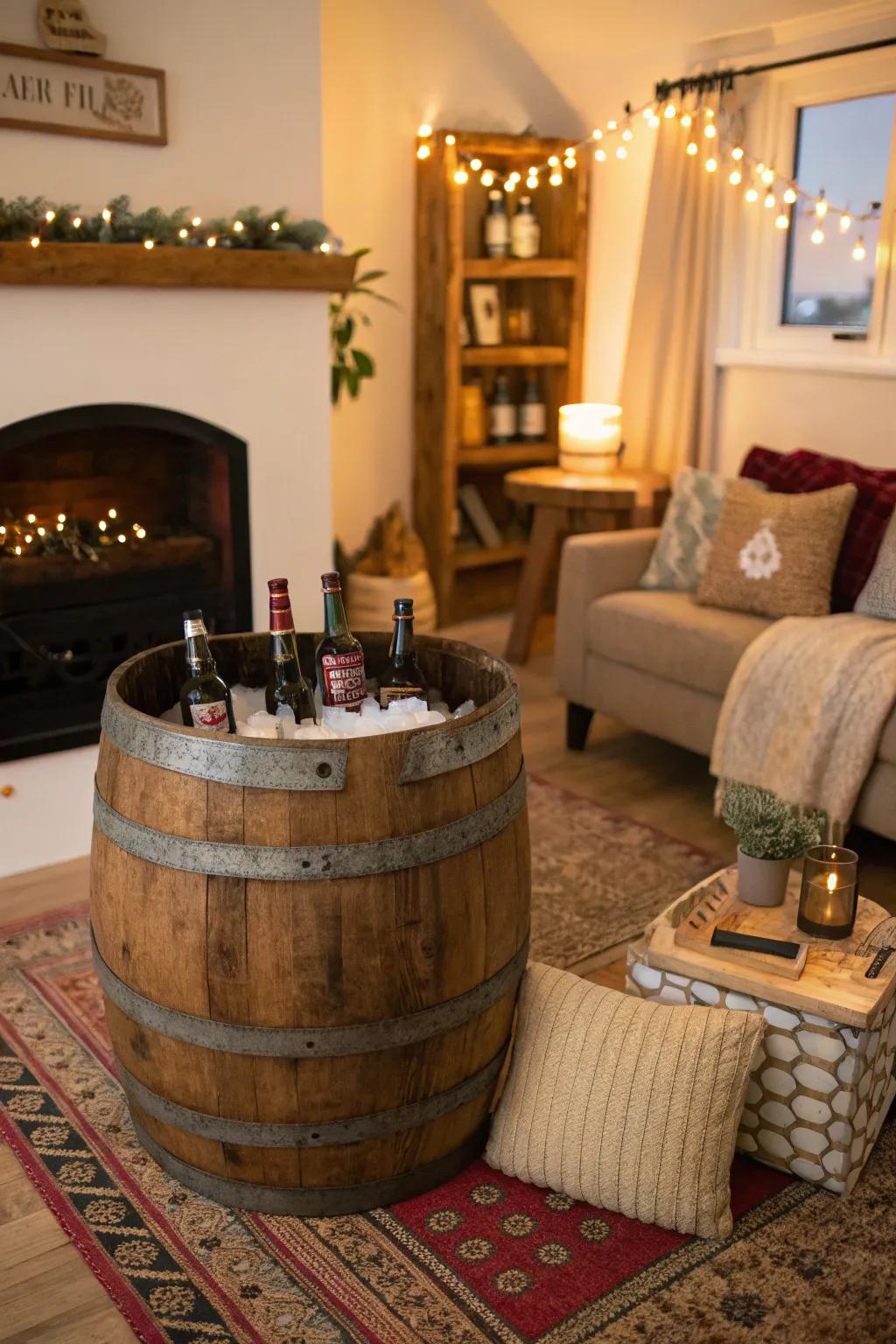 Rustic barrel beer stand creating a cozy atmosphere.