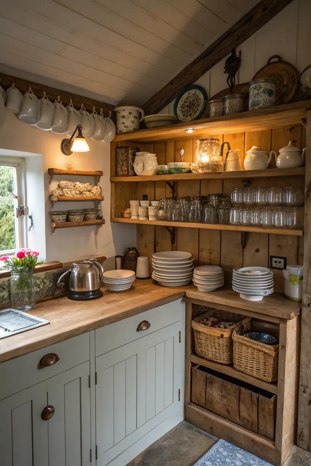 Open shelving combines style and functionality in this cottage kitchen.