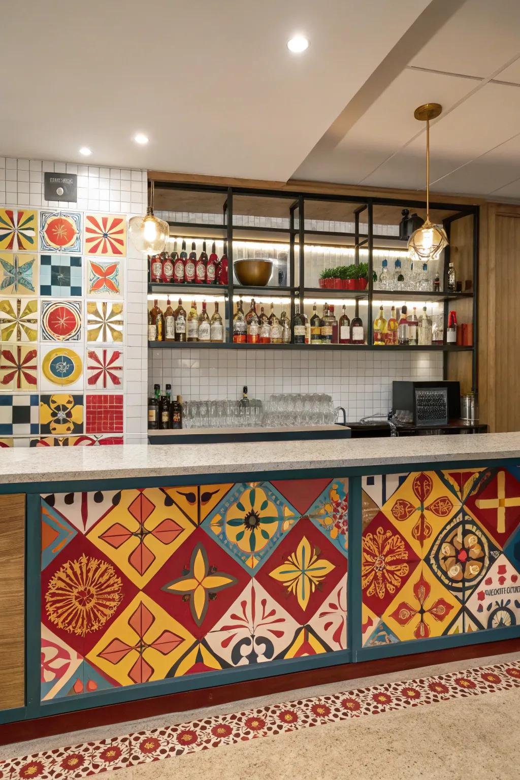 A statement backsplash adds personality to a dry bar.