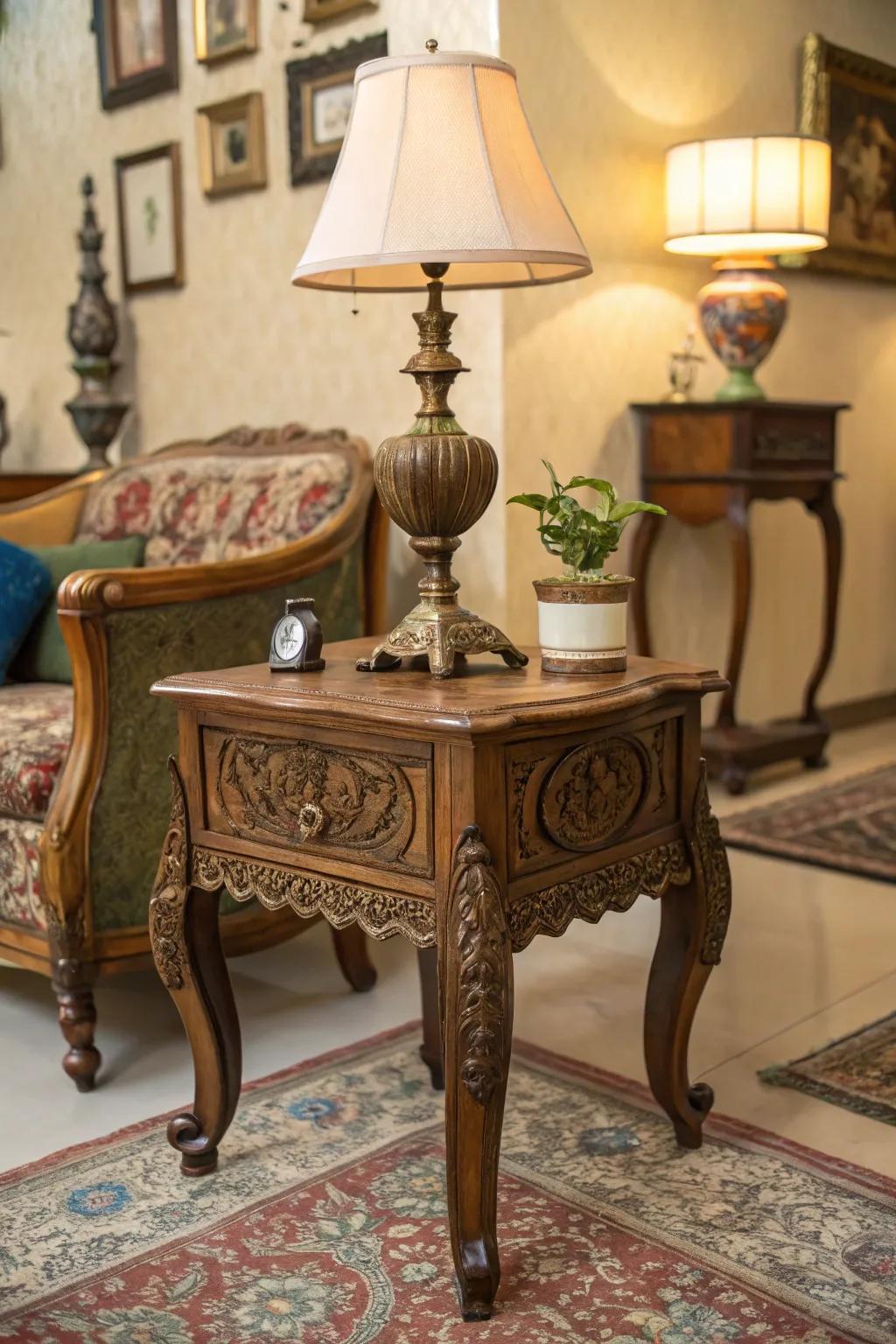 Vintage end table injects personality into a retro-themed space.