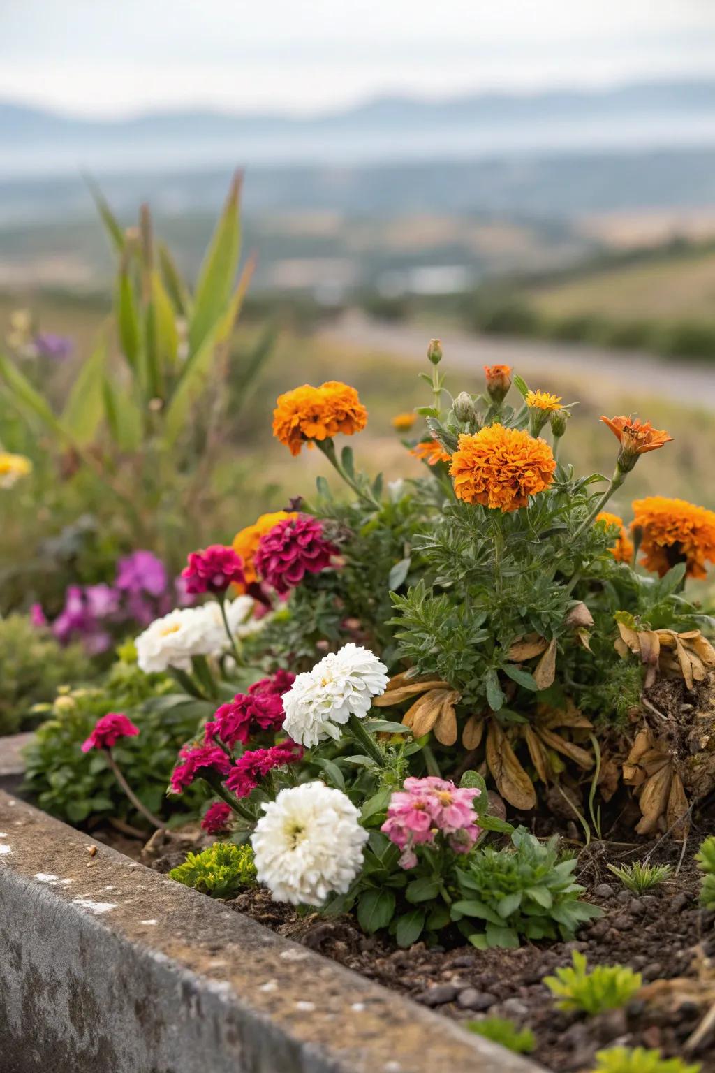 A compact flower garden featuring a delightful mix of flowers with assorted textures.