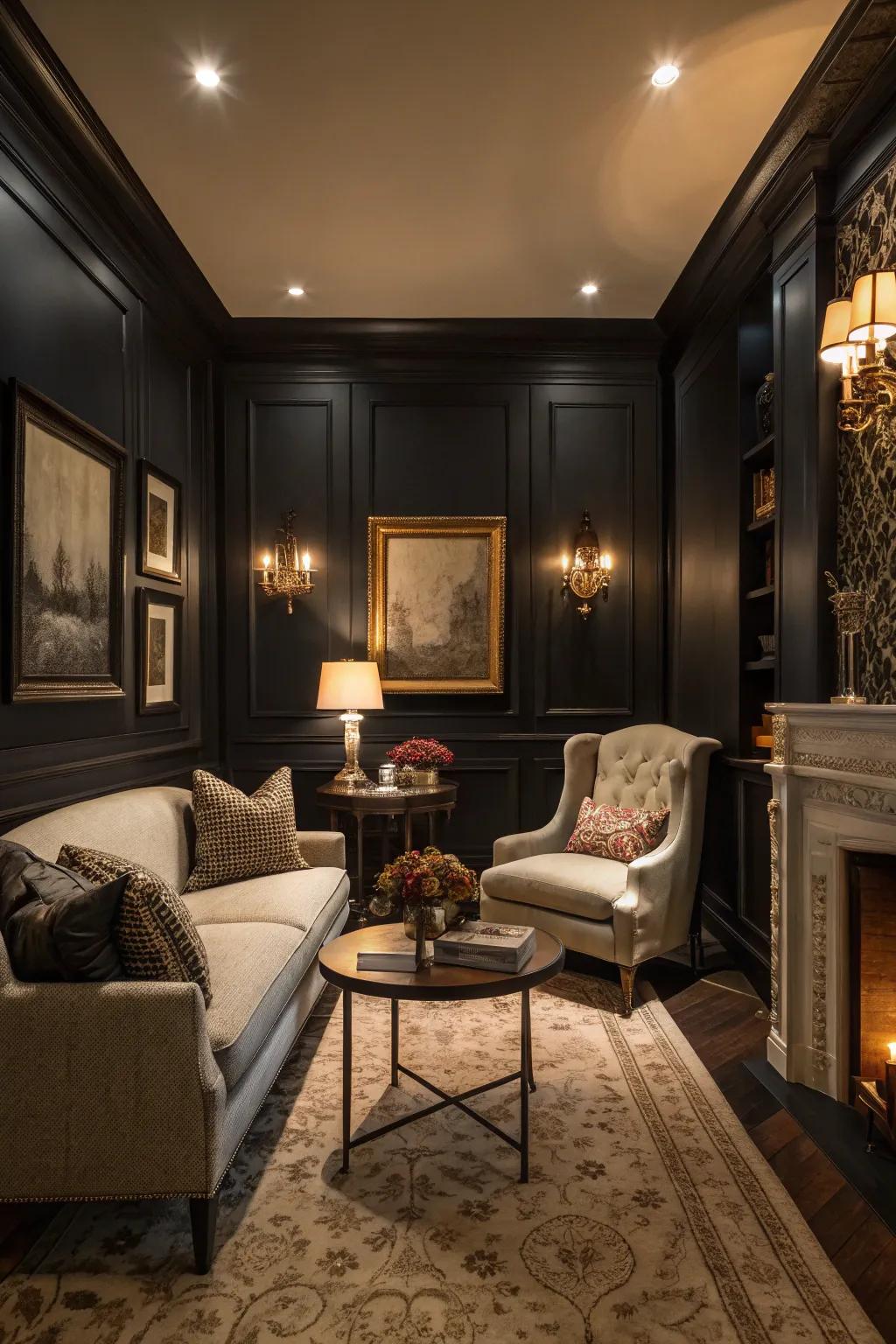 A small living area showcasing dark walls, fostering an intimate vibe.