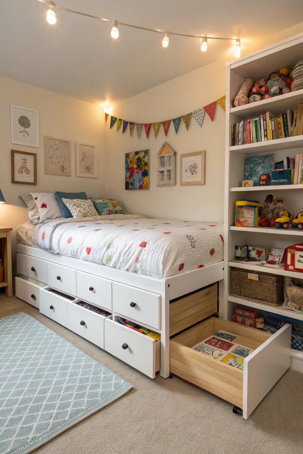 Under-bed storage helps keep the room organized and clutter-free.