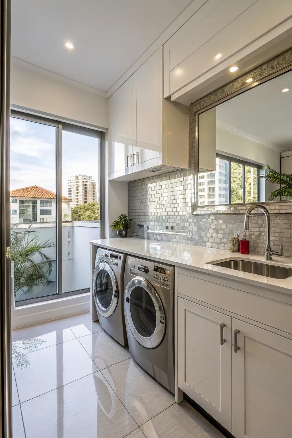 A kitchen and laundry space using reflective surfaces to amplify and brighten the natural light.