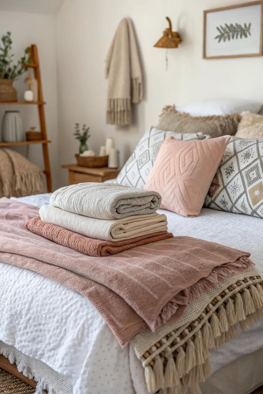 Comfortable textiles enhance comfort in a compact master bedroom.