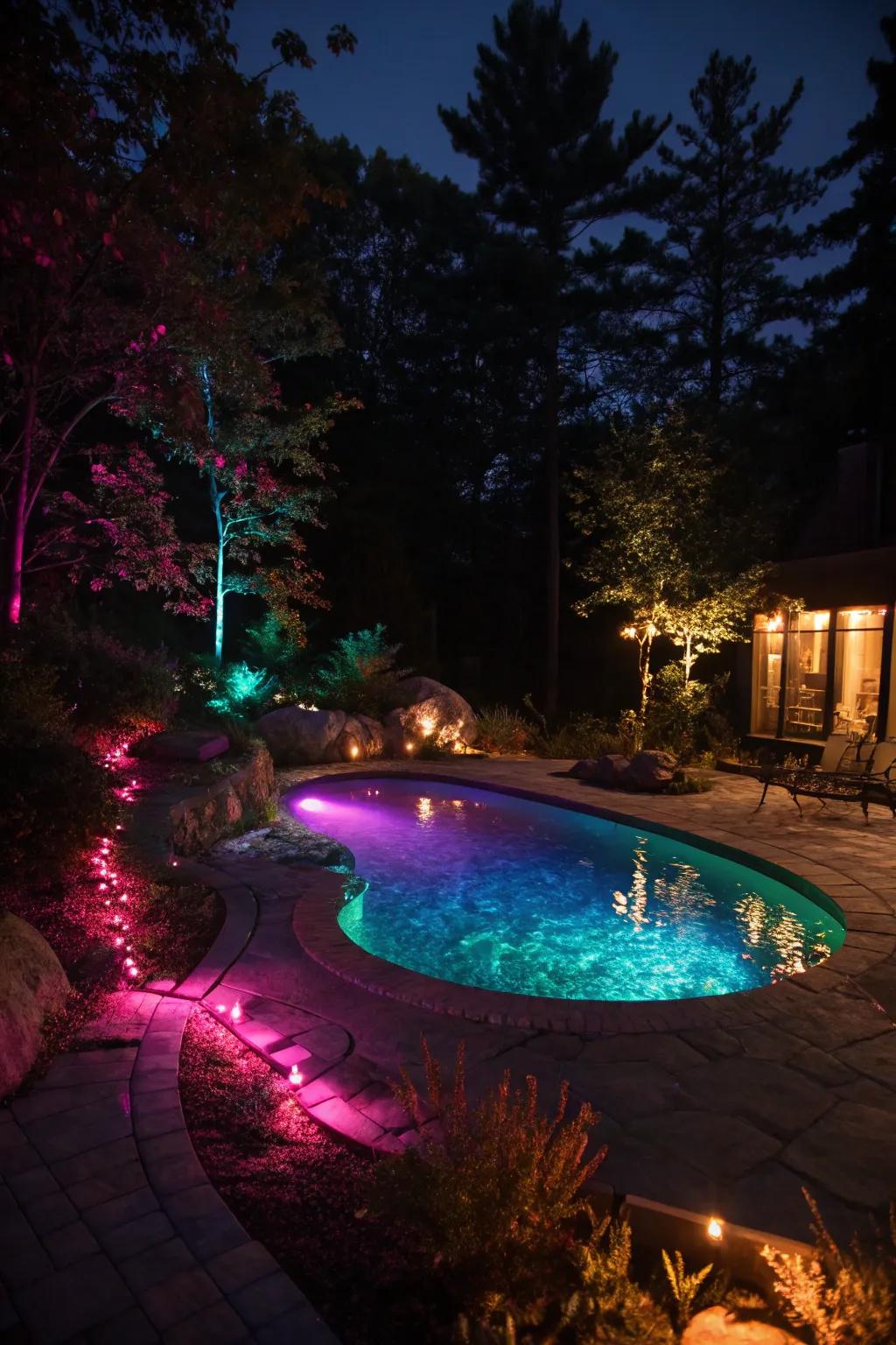 LED lighting turning a pool into a nighttime spectacle.