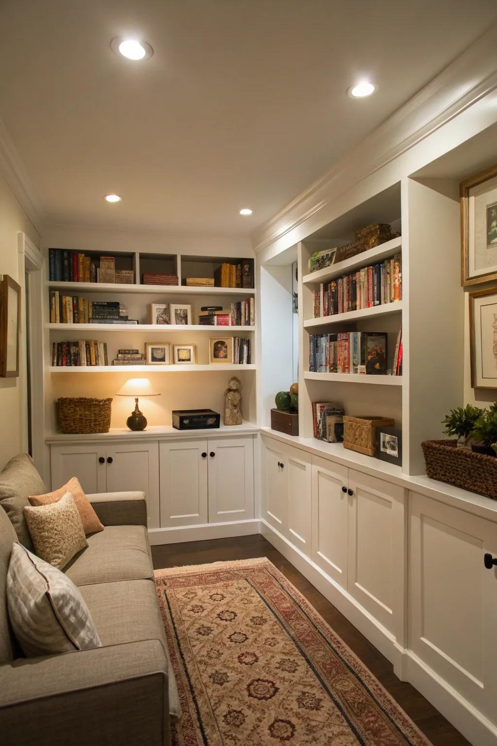 Custom shelving provides efficient storage without occupying floor space.