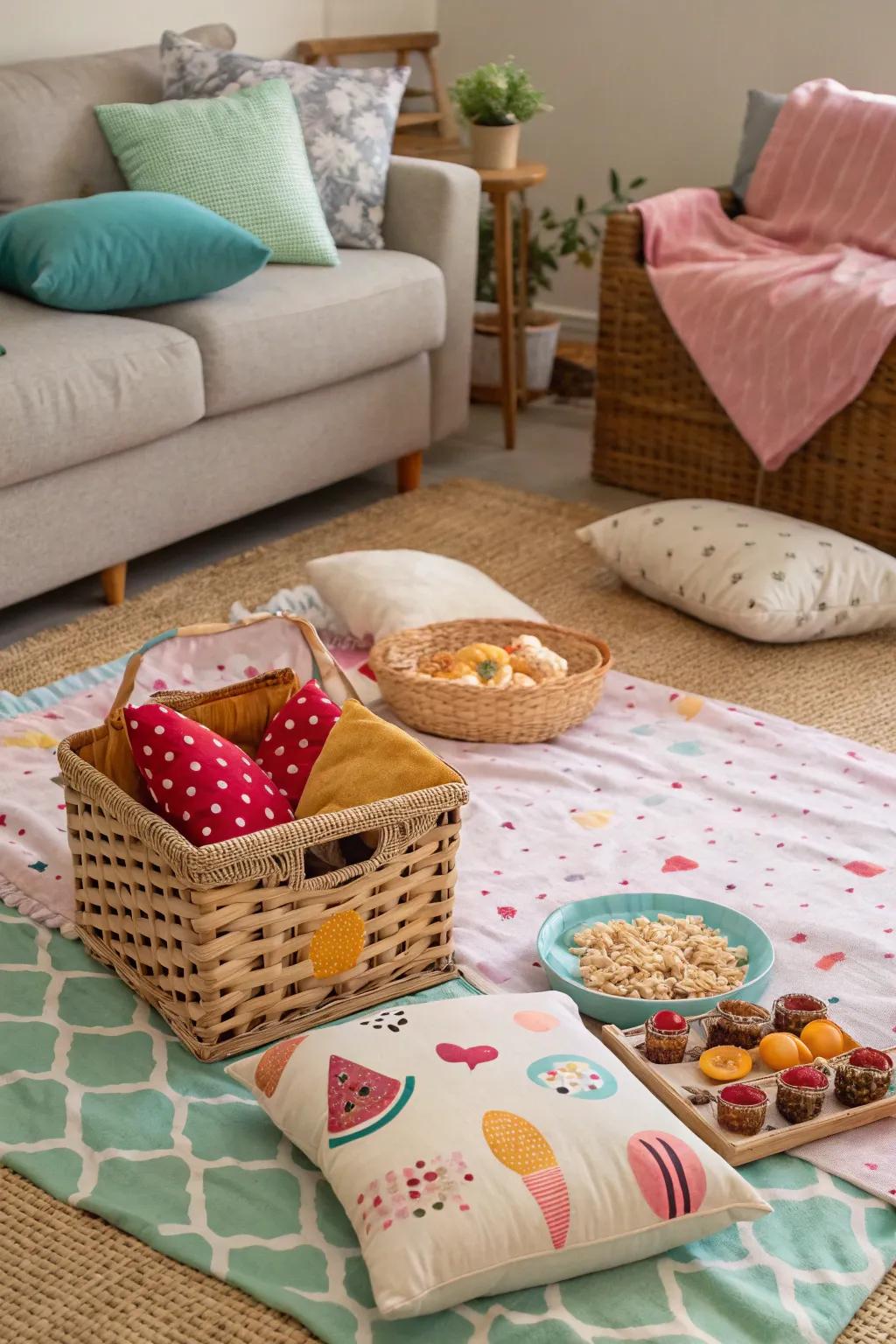 An indoor picnic scene with a comfy blanket and pillows.