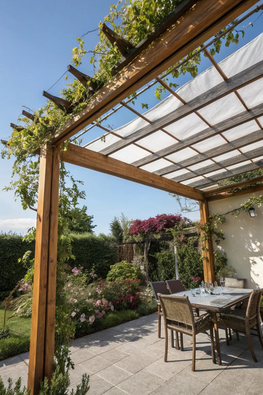 A slide-back roof introduces adaptability to a small patio framework.