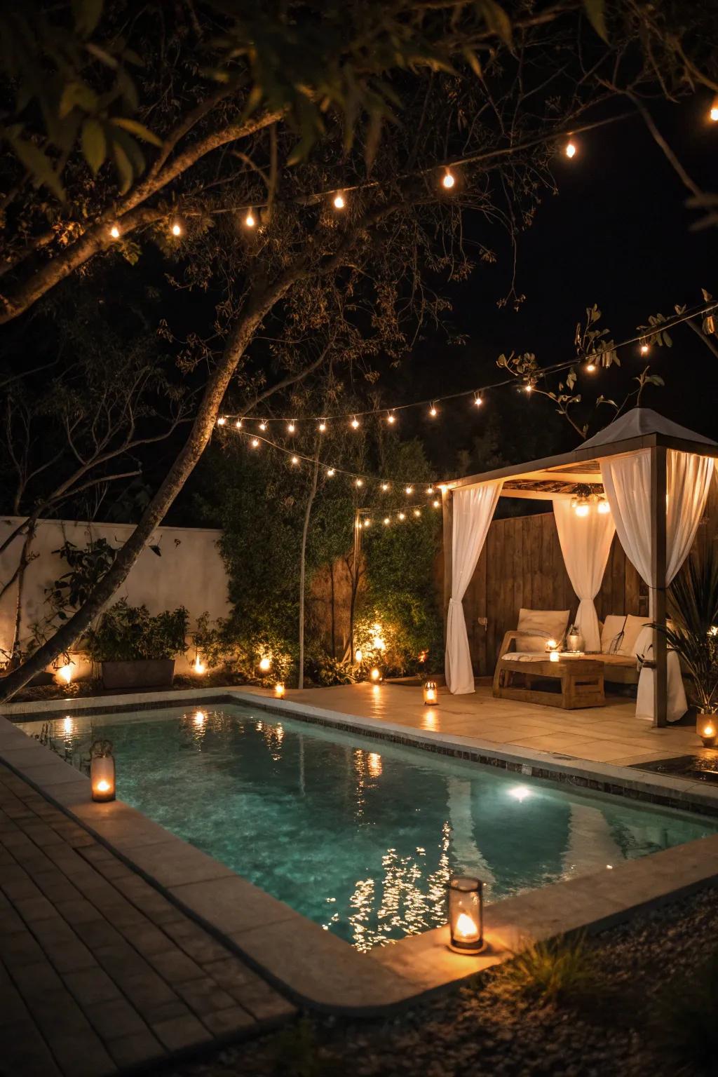 Background illumination transforms the pool space into a captivating nocturnal sanctuary.