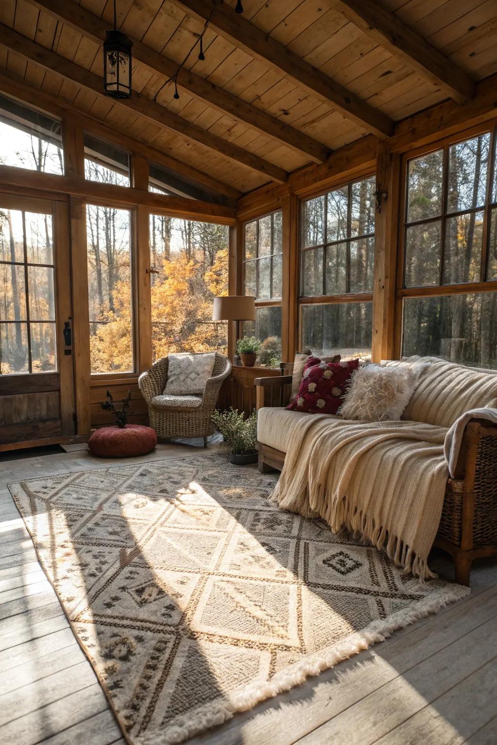 Textured floor coverings and throws add warmth and charm to this sunroom.