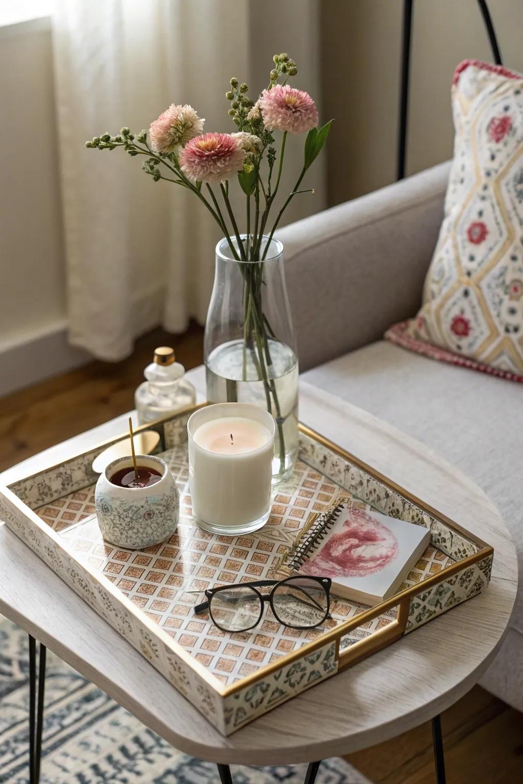 An ornamental tray brings organization and flair to a side table.