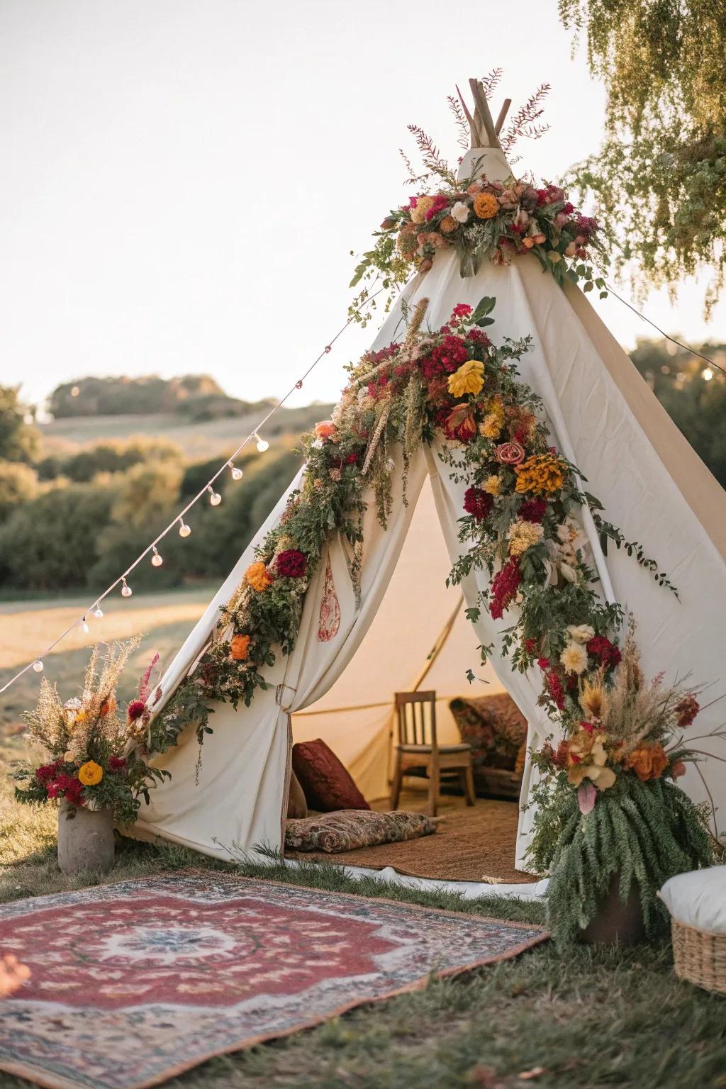 A tent decorated with lovely floral touches.