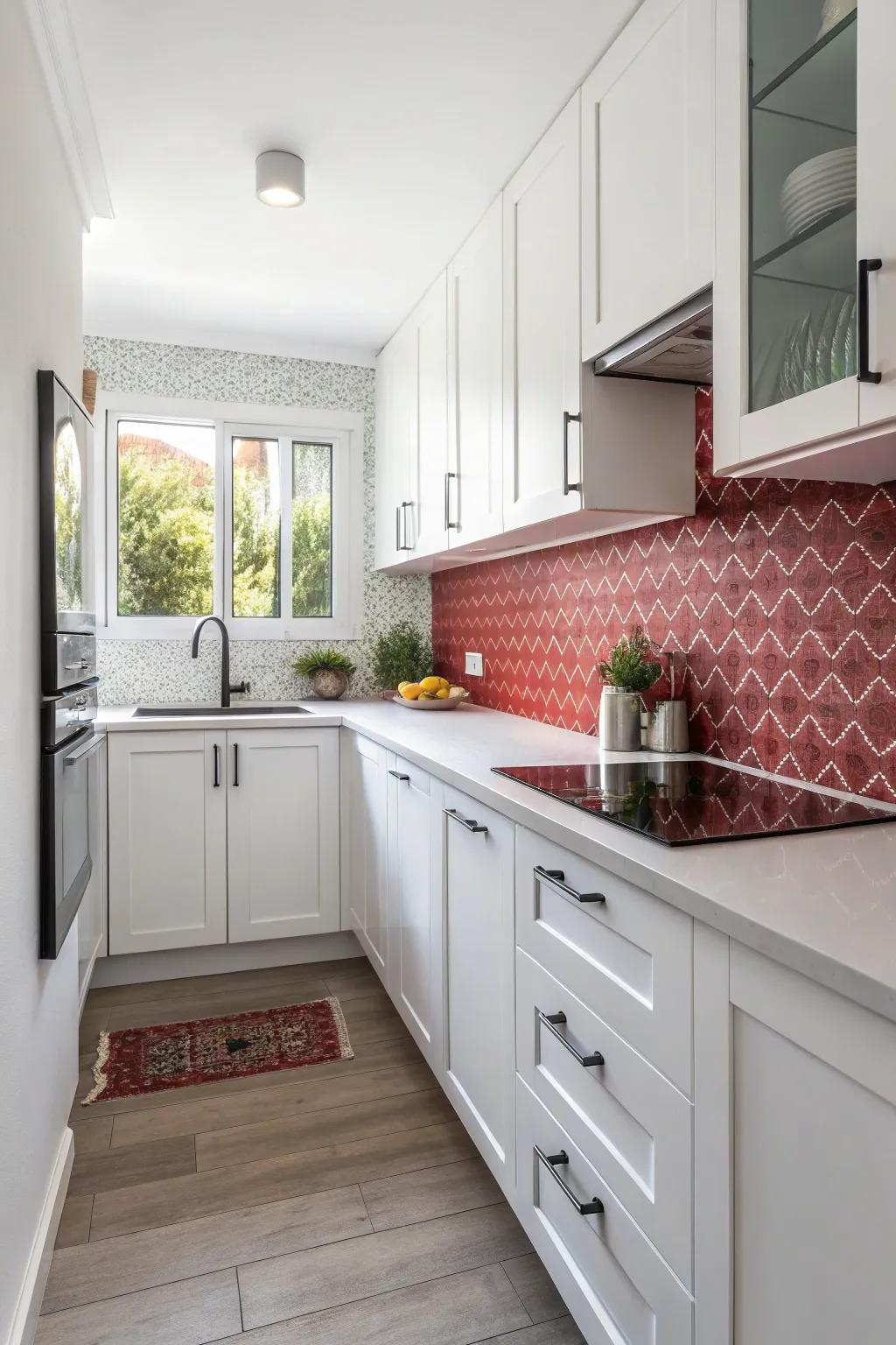 A high-contrast backsplash adds dimension to a bright kitchen.
