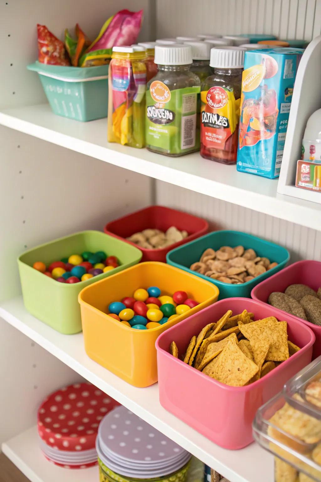 Color-coded containers add a playful touch to snack storage.