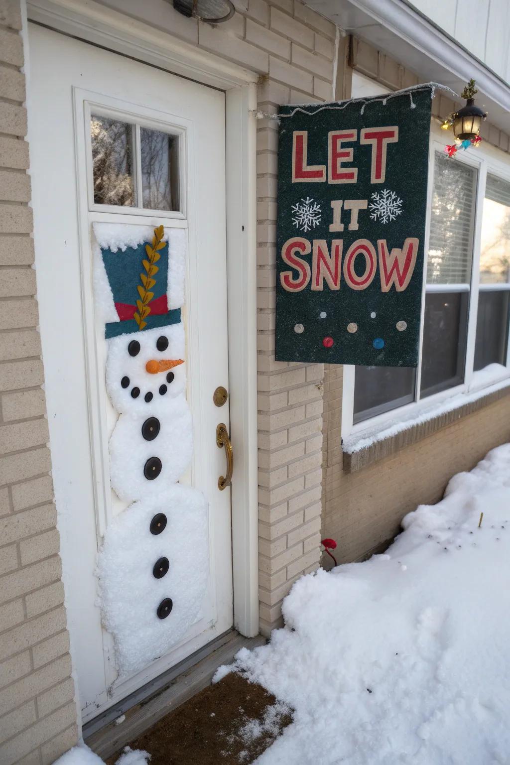 A welcome inscription imparts a personal impression to your snowman door.