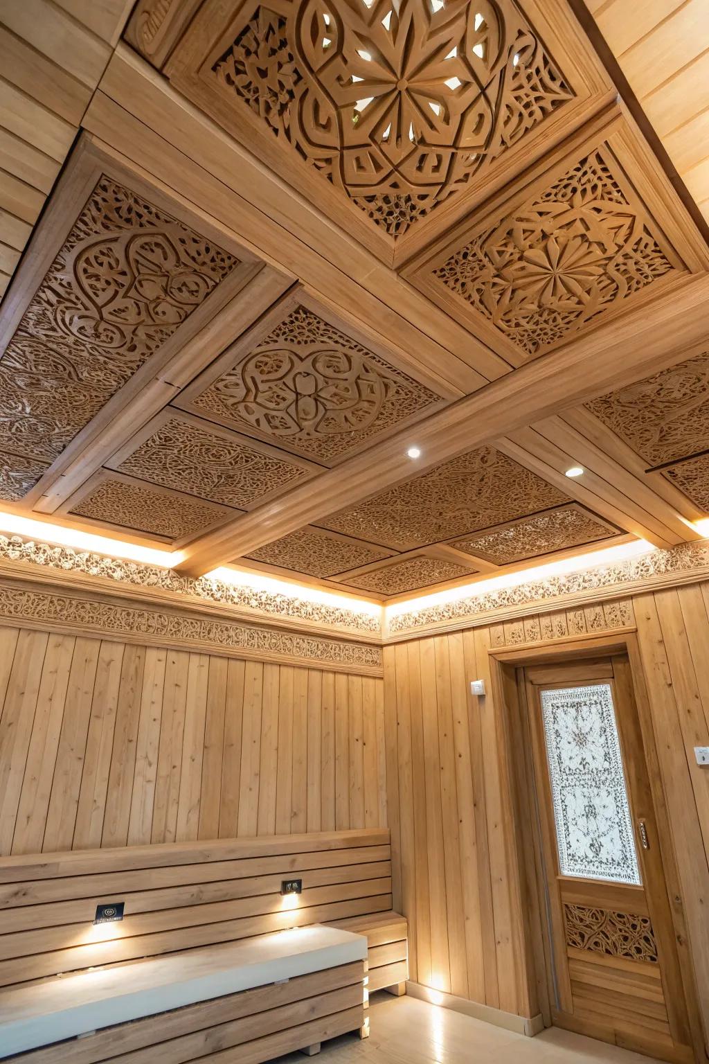 Textured panels for a rich ceiling design.