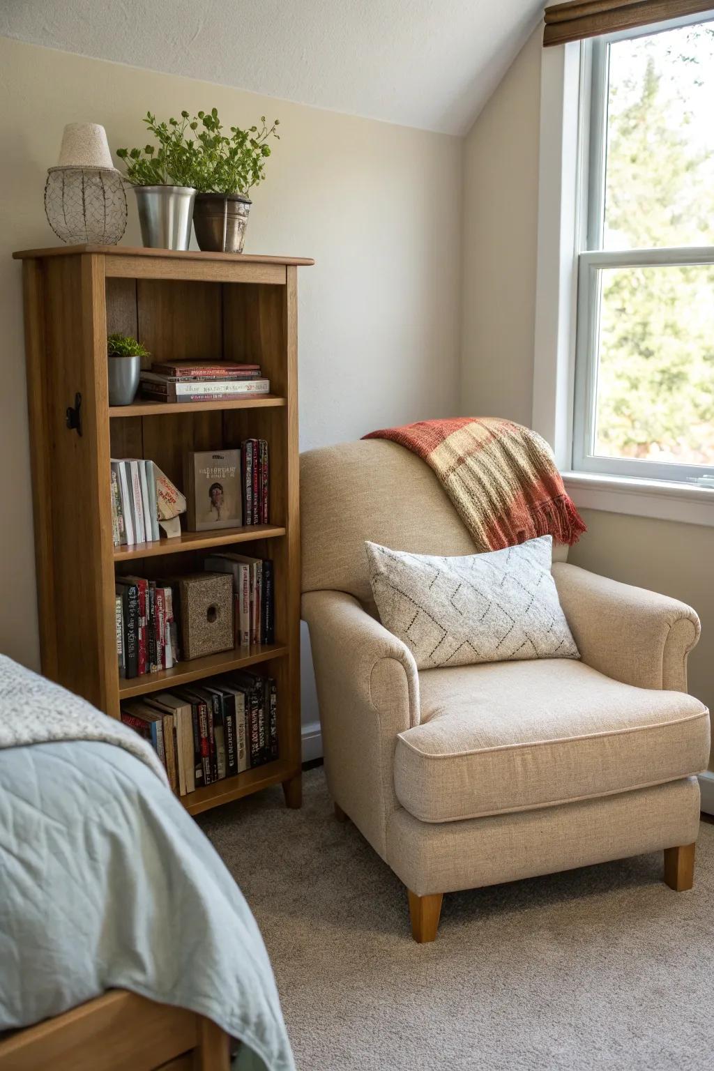 A relaxation corner encourages you to unwind with a good book or meditation.