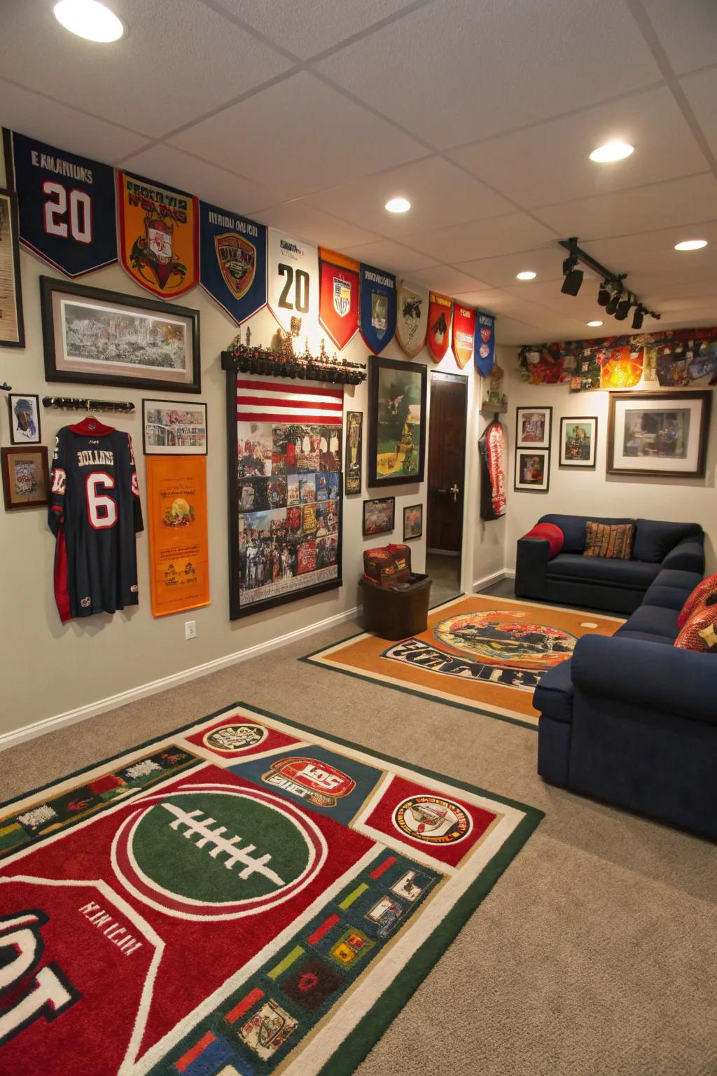 Themed décor adds unique character to this sports-centric man cave.