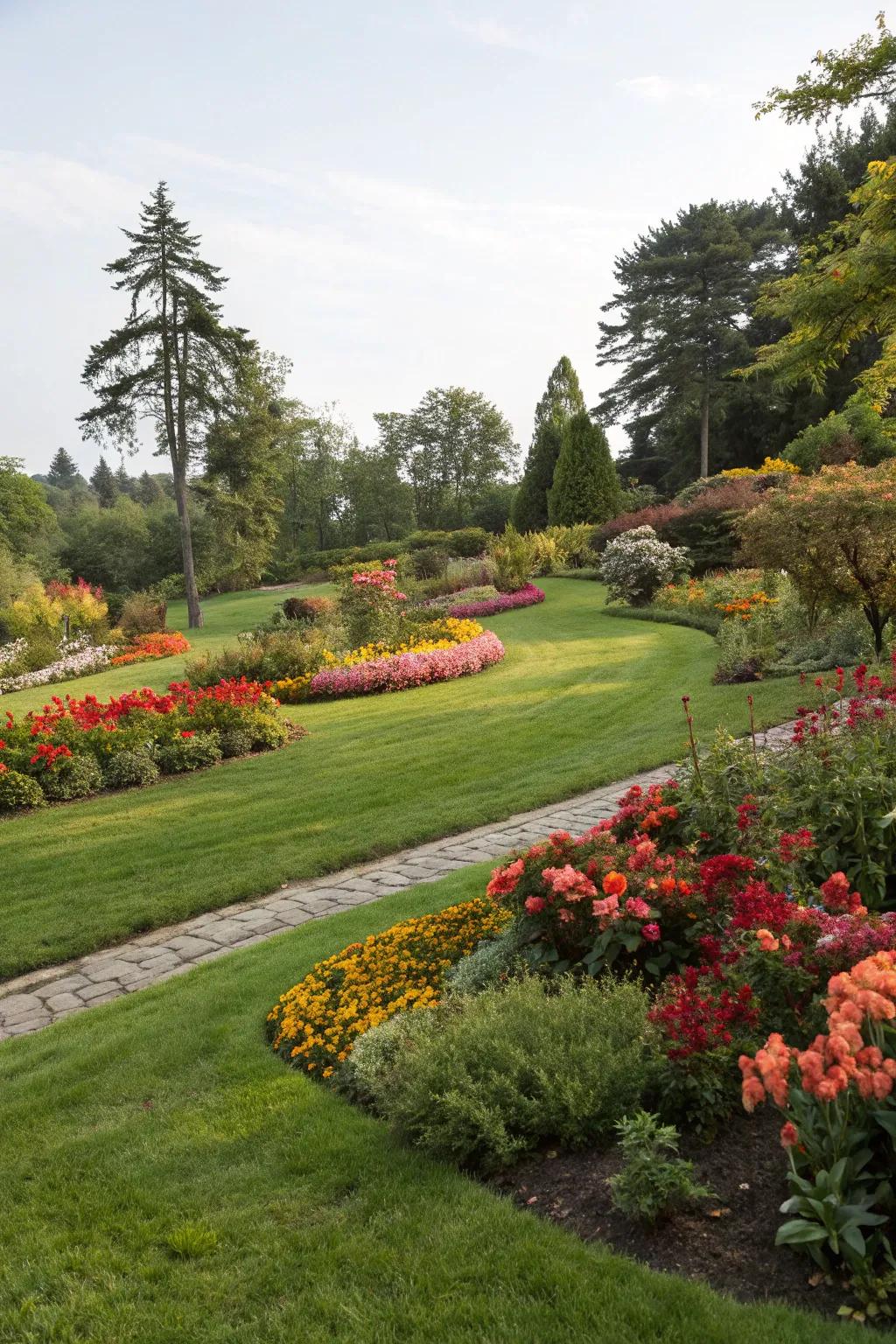A naturalistic garden arrangement that blends grass with flower patches.