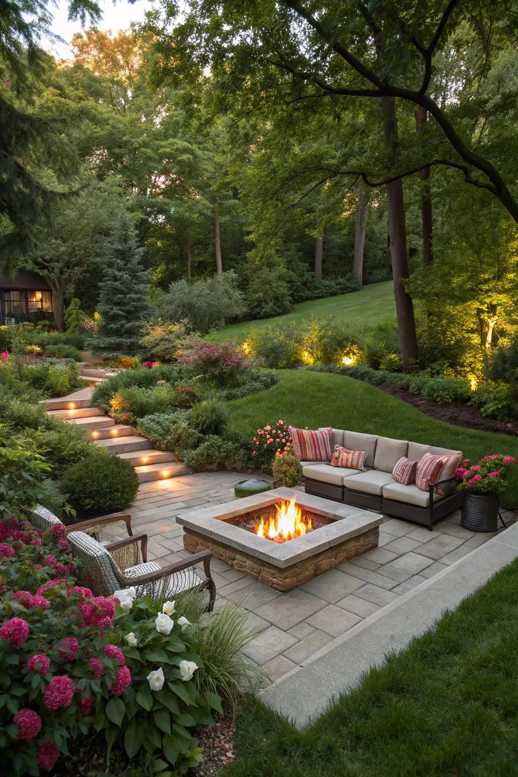 Sunken fire pits create an intimate gathering space.
