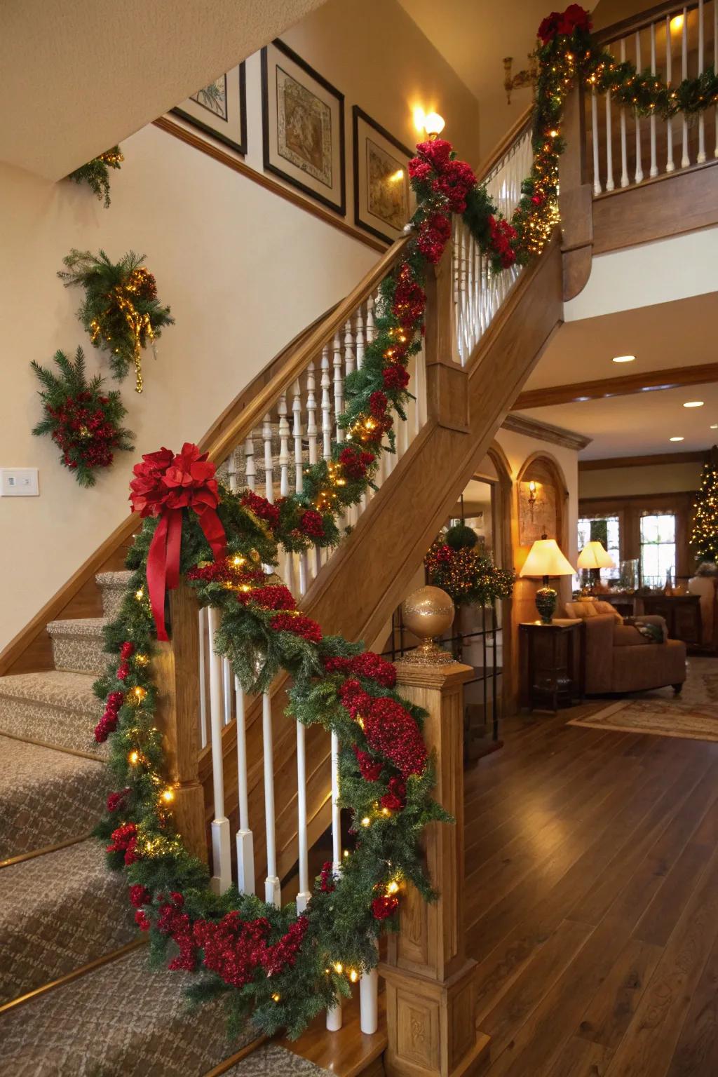 A festive hue arrangement of crimson, verdant, and gold on a staircase.