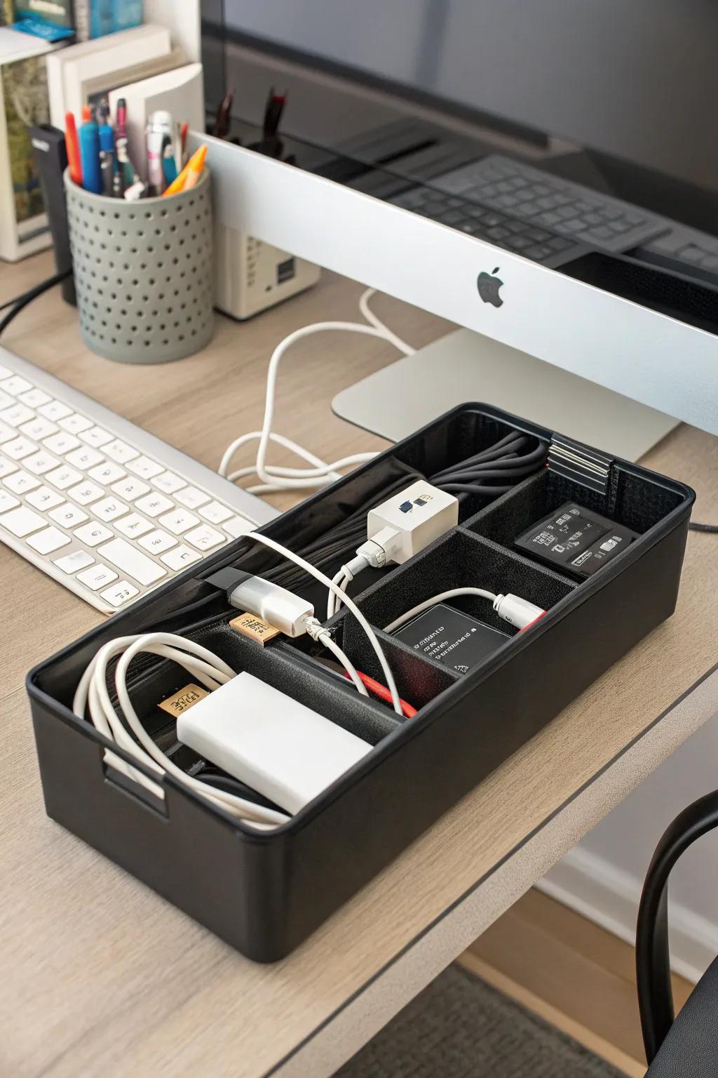 Cable storage boxes keep your workspace tidy by concealing bulky components.