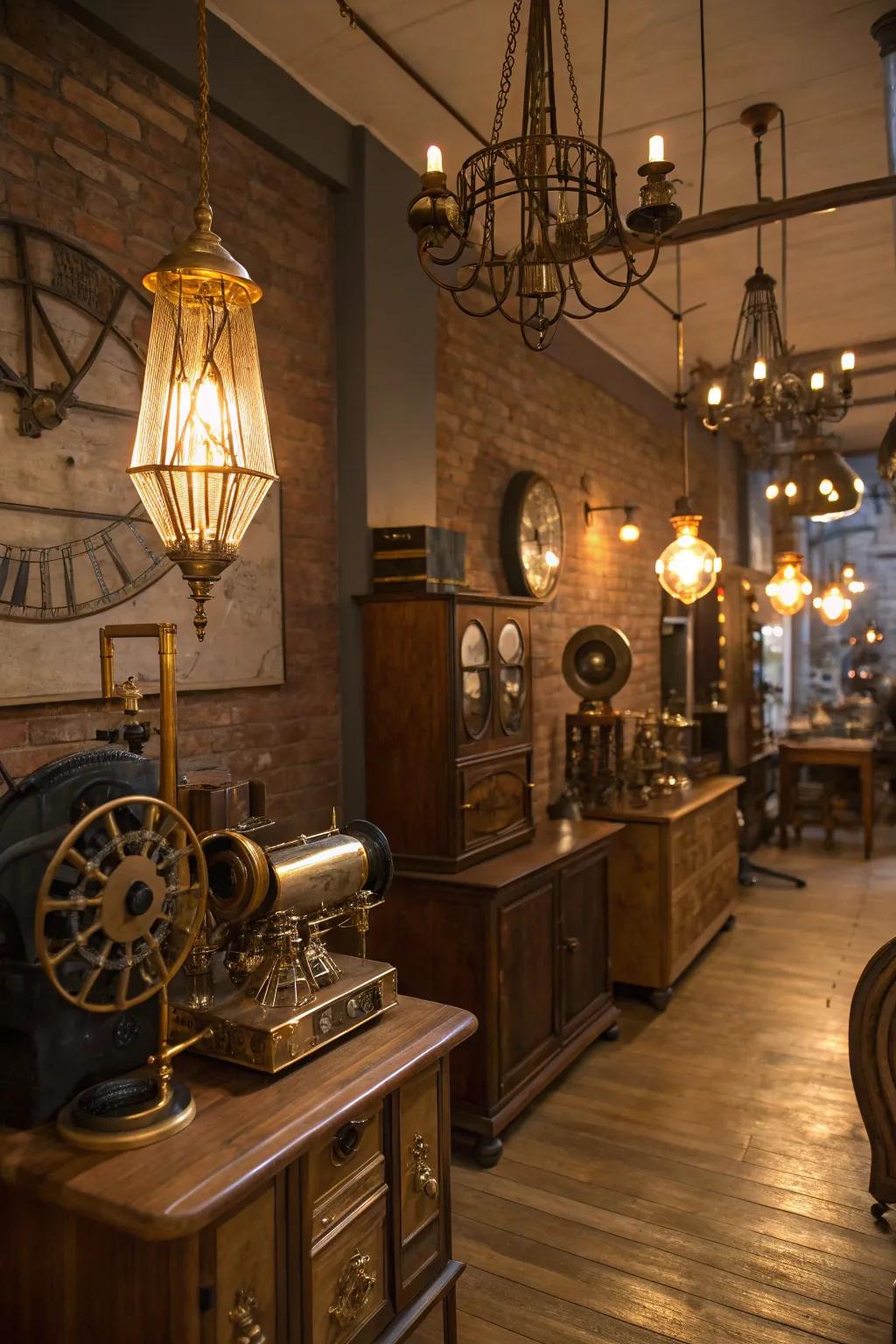 Warm ambient lighting enhances the inviting atmosphere of this steampunk space.