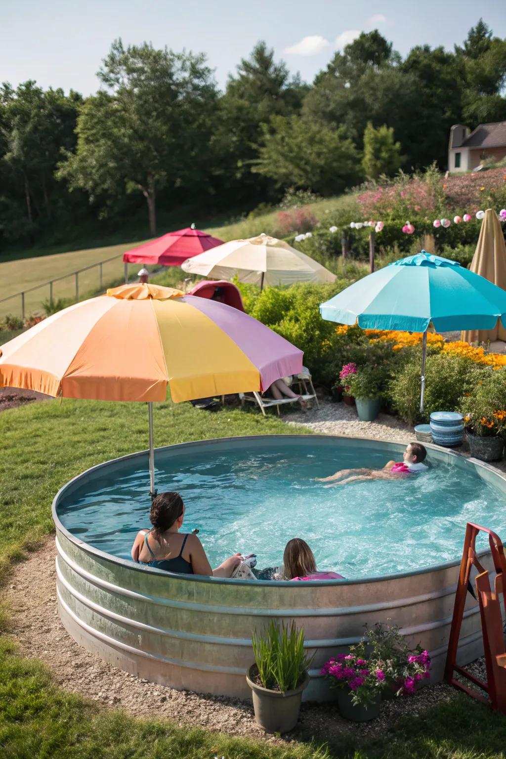 Sophisticated parasols inject a vibrant burst and shade to a water trough pool.