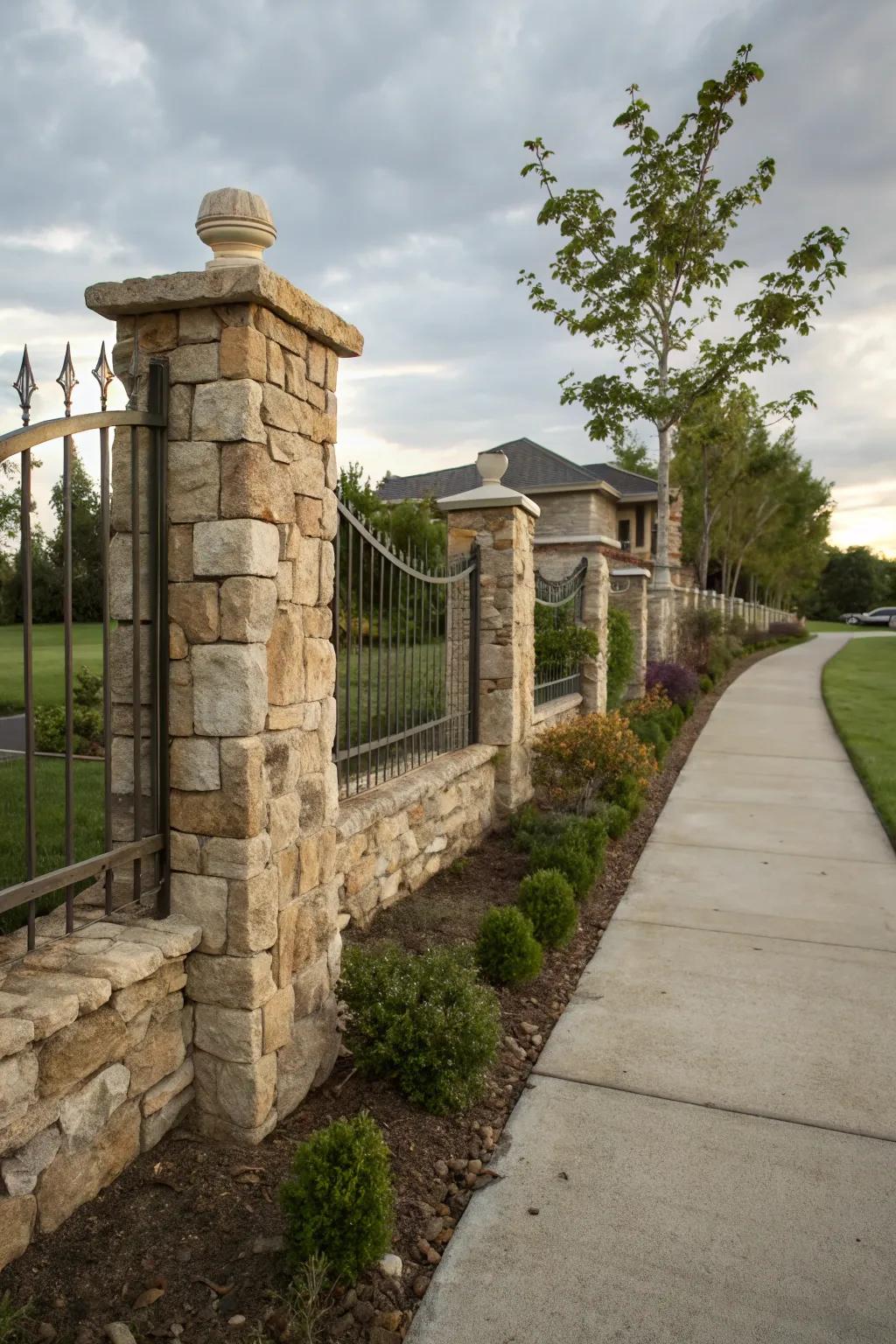 A fence that uses stone for both decoration and structural support.